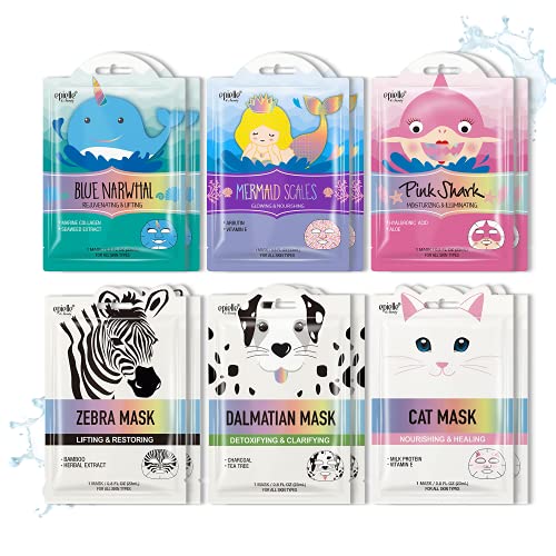 Epielle Character Face Mask Wave & Wild 12 Pack, Fun & Effective Korean Skin Care, Spa Party Favors, Stocking Stuffers, Birthday Gifts for Women, Thanksgiving Essentials