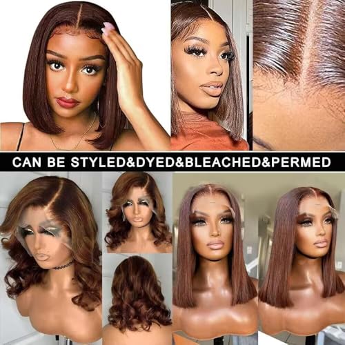 PANDA ANGEL Chocolate Brown Bob Wig Human Hair Wear and Go Glueless Wigs Human Hair Pre Plucked Pre Cut Bob Lace Front Wigs 13X4 Straight HD Brown Bob Lace Frontal Wig for Women 16 Inch