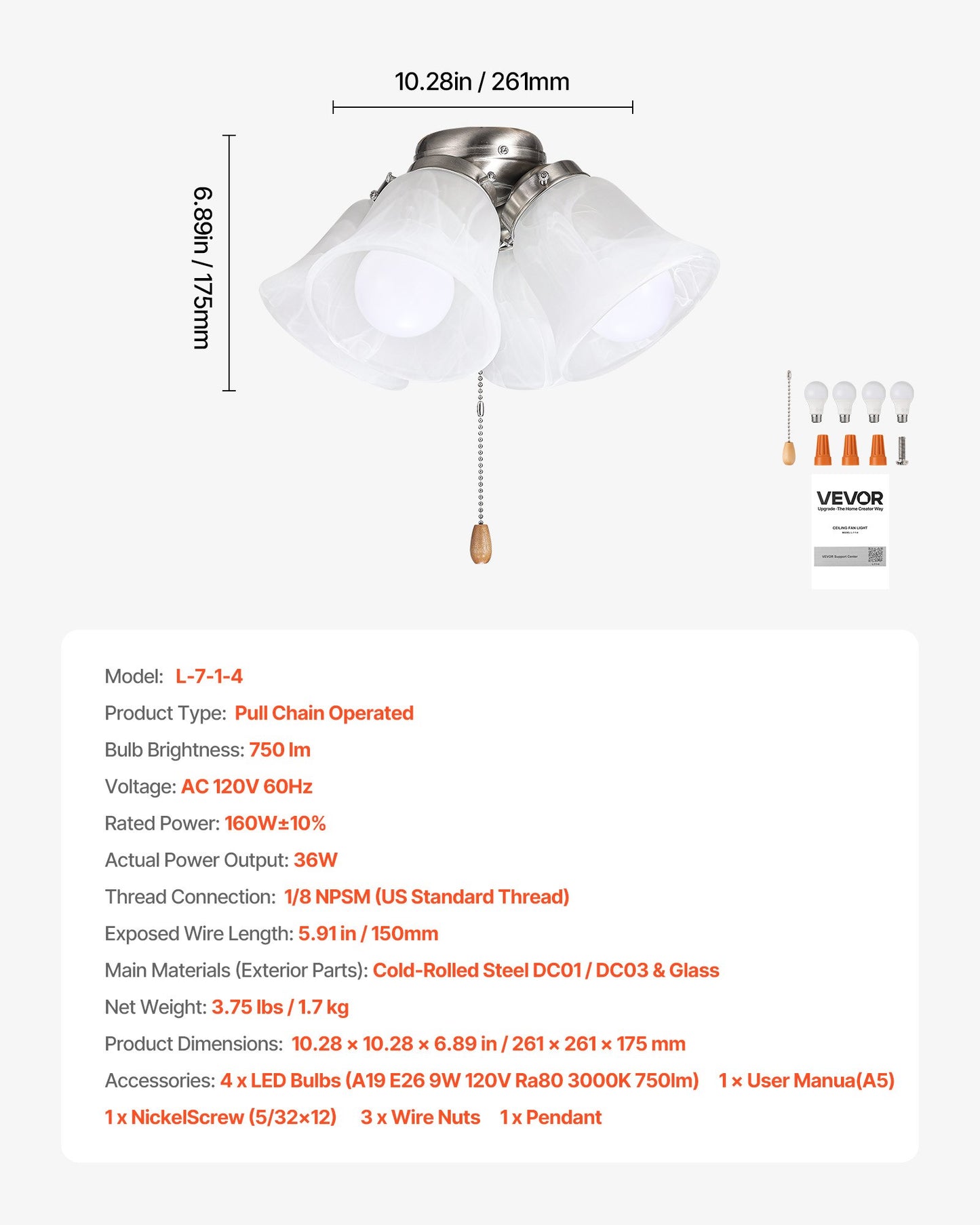 Ceiling Fan Light Kit with 4 Bulbs, Cloud White Glass Shade, Brushed Nickel Finish