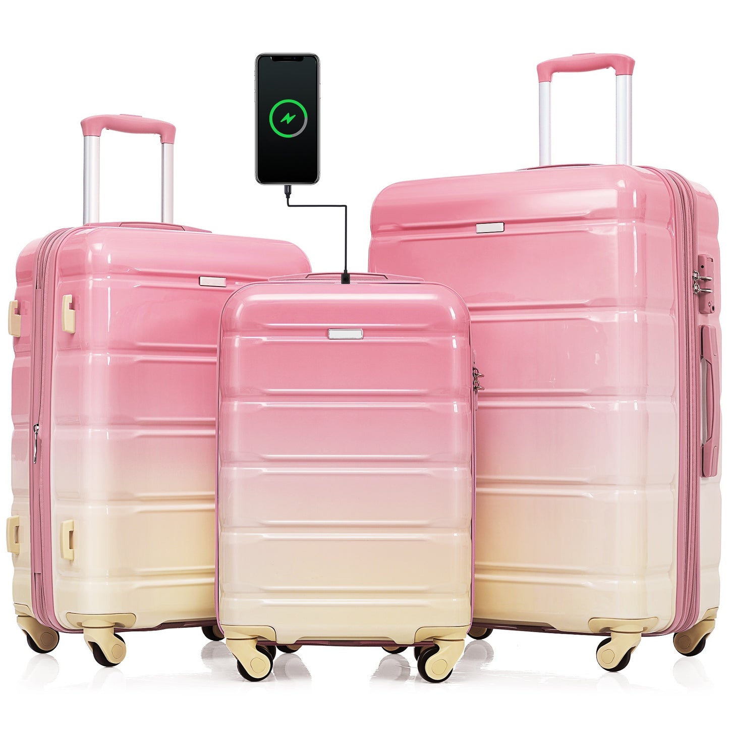 20-Inch Hard Shell Luggage Set with USB Port - Pink