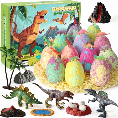 Golray Bath Bombs for Kids with Surprise Inside Dinosaur Toy, 12 Pack Dinosaur Eggs Bath Bombs Pretend Playset, Handmade Bubble Bath Fizzies Stocking Stuffers Birthday Christmas Gift for Boys