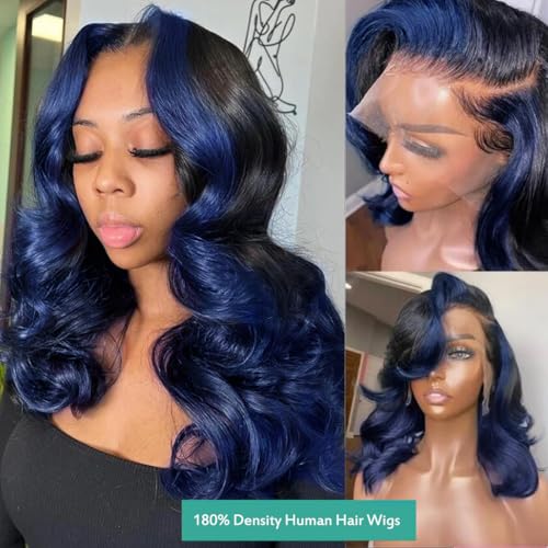 YMS Ombre Blue Lace Front Wigs Human Hair 180% Density Highlight Royal Blue Glueless Wig Pre Plucked with Baby Hair 14 Inch Body Wave Skunk Stripe Real Hair Lace Frontal Wigs for Women
