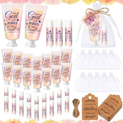 24 Sets Christian Hand Cream and Lip Balm Gift Set Christmas Christian Gift for Women Travel Size Hand Lotion Bible Verse Lip Balm Bulk for Baby Bridal Shower Mom Holiday Gift (Lovely)