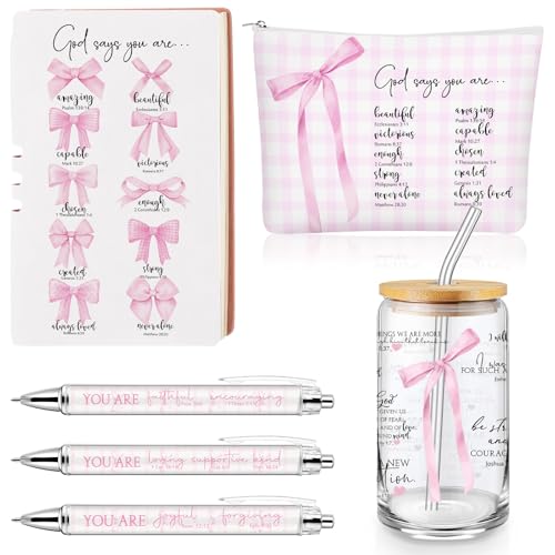 Skylety 6 Pcs Christian Gift Set for Women Includes Bible Journal Religious Pens Pink Bow Cosmetic Bag Glass Cup Pink Stuff Accessories Cancer Awareness Gifts for Women Mom Sunday School Teacher