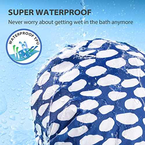 INNELO Luxury Shower Cap for Women Reusable Waterproof, Double Layered Shower Hair Cap with Adjustable Elastic Strap, Large Satin Lined Shower Bath Cap for Long Curly Straight Hair, Blue