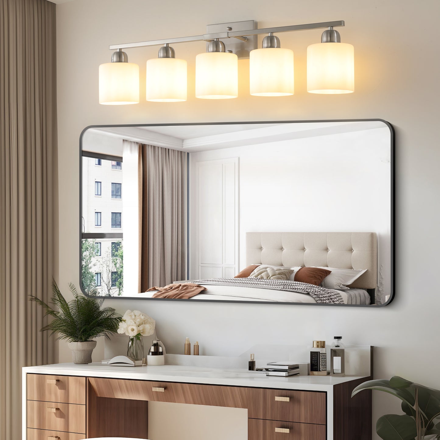 5-Light Brushed Nickel Bathroom Vanity Light Fixture - Modern Design with Milky White Glass Shades