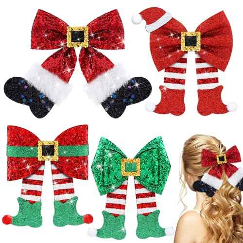 4 Pack Christmas Hair Clips Glitter Sequins Red Bow Hair Clips Glitter Bow Party Cute Decoration Deer Antler Elf Headdress Christmas Decor for Women Gifts