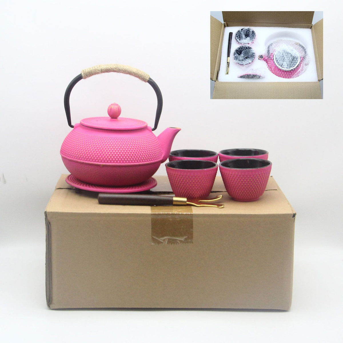 800ml Cast Iron Enamel Kettle Set with Cups and Utensils - Anti-Rust Nordic Style