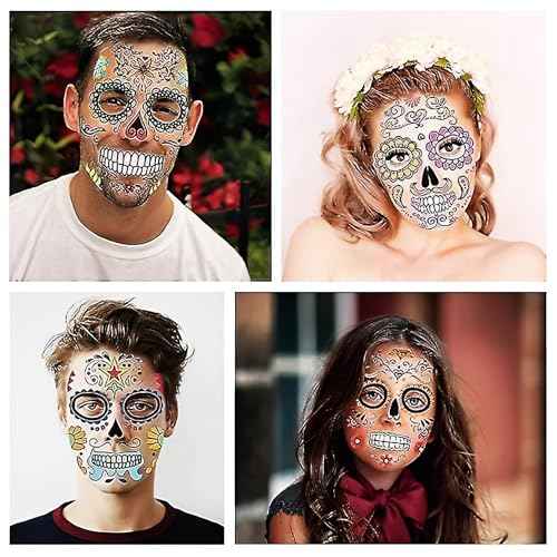 12 PCS Day of the Dead Costume Tattoos for Halloween - Temporary Sugar Skull Face Stickers for Makeup, Masquerade, Parties. Halloween tattoos, Face & Body Tattoos for Events. Day of the Dead Tattoos