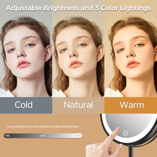 Folding Travel Makeup Mirror with Lights and Magnification,7¡± Double Sided 1X/10X Lighted Magnifying Mirror with Rechargeable Battery,Brightness Adjustable,3 Color Lighting, Black