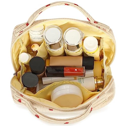 Bluboon Makeup Bag Zipper Pouch Travel Toiletry Bag Portable Cosmetic Bag Organizer for Women and Girls(Strawberry Corduroy Beige)