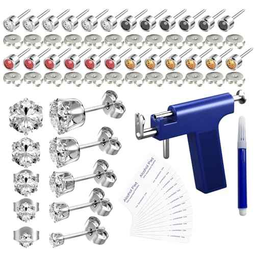 Ear piercing gun, Reusable Professional Ear Piercing Kits, 24 Surgical Grade Anti-sensitive Piercing Earrings, 10 Cubic Zirconia Fashion Earrings, 24 Alcohol Cotton Sheets (silver)