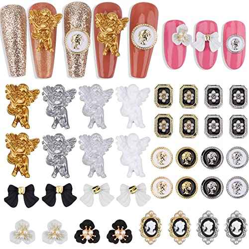 32PCS Nail Art Rhinestone, Lorvain 3D AB Nail Diamonds Relief Style Nail Art Rhinestones Metal Alloy Gold Flower Nail Charms Mix Size Nail Accessories for Women Girls Nail DIY Decoration Design