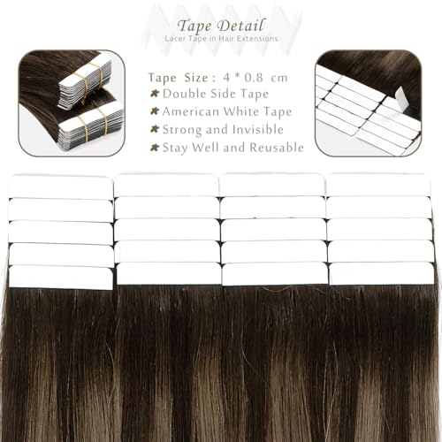 Lacer Human Hair Extensions Tape In Rooted Dark Brown To Chestnut Brown Highlight 16inch 100G Tape Ins Human Hair Extensions Seamless Skin Weft Hair Extension Tape In 100% Remy Human Hair 40pcs