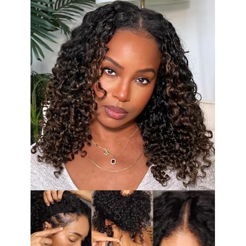 Sunber EasiContour V Part Curly Human Hair Wigs Ombre Brown with Drawstring Glueless 180% Density Upgrade No Leave Out Vpart No Gel Beginner Friendly Clip in Vpart Curly Wigs 14Inch