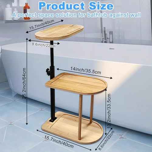 3 Layer Bath Tub Tray Table Liftable Freestanding Bamboo Bath Tray Caddy for Tub Against Wall Shelf Bathroom Organizer Shelf for Luxury Spa, Home Spa Bathtub Accessories
