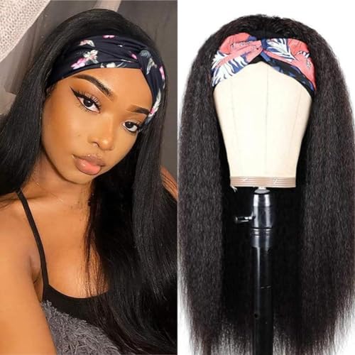 Headband Wigs Human Hair 180% Density 12A Kinky Straight Human Hair Headband Wigs For Black Women Yaki Straight Human Hair Wigs With Headband Attached Natural Black Color 18 Inch