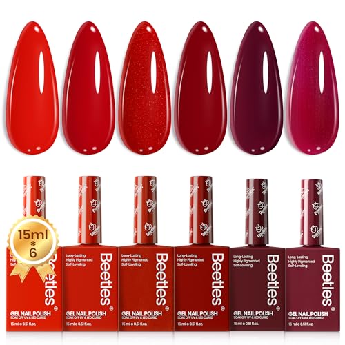 Beetles Red Gel Nail Polish Set-15ML 6 Colors Shimmer Bloody Red Burgundy Gel Polish Kit Soak Off UV Full Size Winter Nail Art Salon Design DIY Chirstmas Gift for Women Colorful Bottle