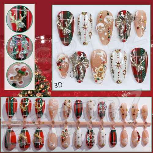 24Pcs Christmas Fake Nails Luxury Handmade Press on Nails with 3D Bow Elk Rhinestone Charm Designs Cute Gingerbread Almond False Nails Nail Tips Full Cover Red Plaid Deer DIY Xmas Nails for Women