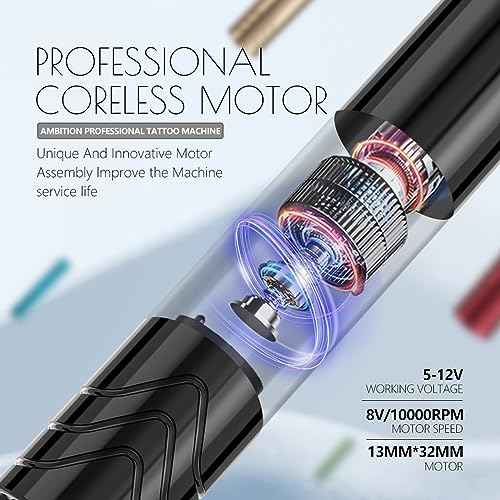 Ambition Rotary Tattoo Machine with 2.5mm Stroke Coreless Motor Slim Short Permanent Makeup Tattoo Gun Professional Cartridge Pen with RCA Cord for Eyebrow Eyeliner Lips SMP