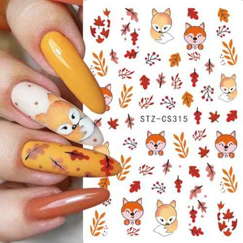 Fall Nail Art Stickers 3D Thanksgiving Leaf Nail Decals Nail Art Supplies Self-Adhesive Gold Maple Leaves Pumpkin Little Fox Nail Designs DIY Salon Accessories Autumn Winter Manicure for Women