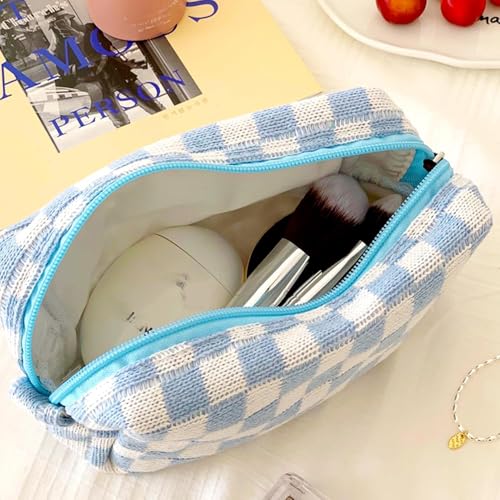 24 PACK Checkered Makeup Bag- Bulk Bridesmaid Proposal Gifts Makeup Pouch for Wedding Party Favors Bachelorette Party Decorations Toiletry Organizer Bag Cosmetic Case Gift (Blue)