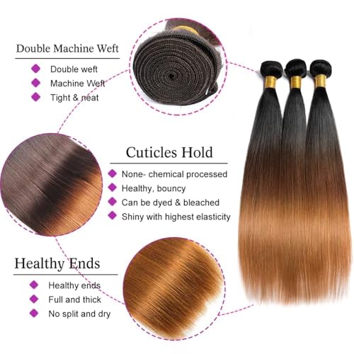 Ombre Straight Human Hair 3 Bundles Brazilian Straight Weaves 3 Tone 1b 4 30 Color Ombre Brazilian Straight Hair Bundle Virgin Hair Ombre Human Hair Bundle for Black Women 12 14 16inch