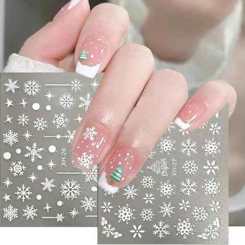 30 Sheets Christmas Snowflake Nail Stickers for Nail Art 3D Self-Adhesive Star Gift Bell Reindeer Nail Design Stickers White Nail Art Decals Winter Stickers Nail Supplies for Women Xmas Holiday DIY