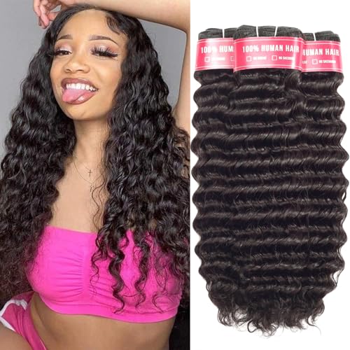 12A Deep Wave Bundles Human Hair 16 18 20 Inchs Human Hair Bundle 100% Unprocessed Brazilian Curly Wet Wavy Texture 3 Bundles Deep Wave Natural Black