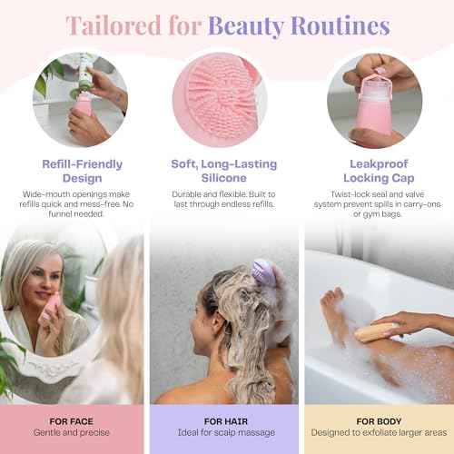 Sumina Premium Silicone Travel Bottles 3-Pack (3.4oz) | TSA Approved Leakproof Toiletry Containers | Refillable Shower Bottles & Gentle Exfoliating Scrubber for Sensitive Skin