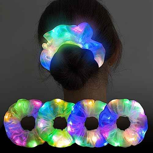 4Pcs Light Up Scrunchies Halloween Hair Tie, LED Neon Hair Accessories for Women & Girls, Glow in the Dark Party Supplies Sleepover Party Favor Rave Accessory