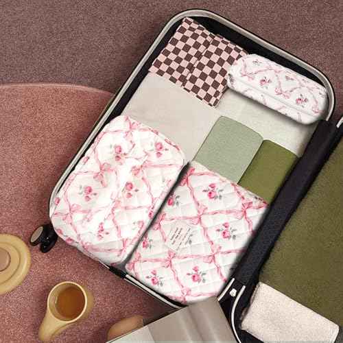 3Pcs Cotton Quilted Makeup Bag Large Travel Cosmetic Bag Coquette Makeup Pouch Cute Aesthetic Floral Toiletry Bag for Women Girls (flower-R)