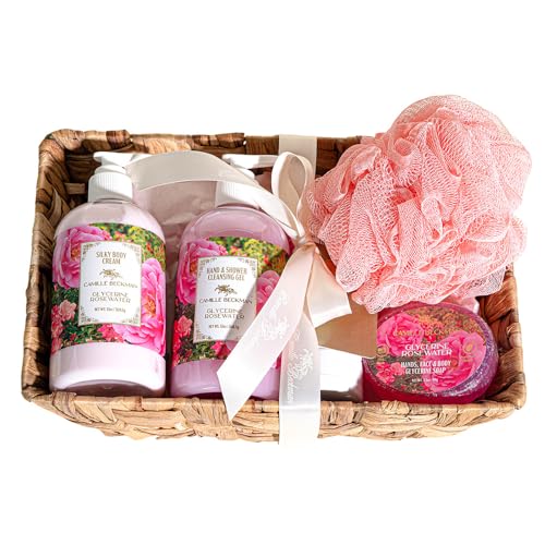 Camille Beckman Essentials Gift Basket - Rosewater Glycerine Hand Therapy 6 oz, Silky Body Cream 13 oz, Hand & Shower Cleansing Gel 13 oz, Glycerine Soap 3.5 oz