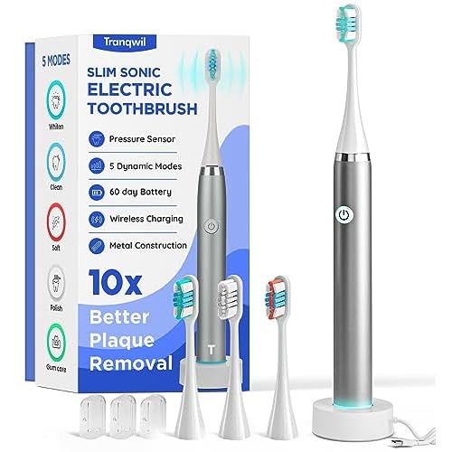 Tranqwil Slimsonic Electric Toothbrush - Vibration Plate Brushhead, 42,000 VPM Motor, 60 Day Charge, 5 Modes, 2 Min Built-in Smart Timer (Silver Metal)