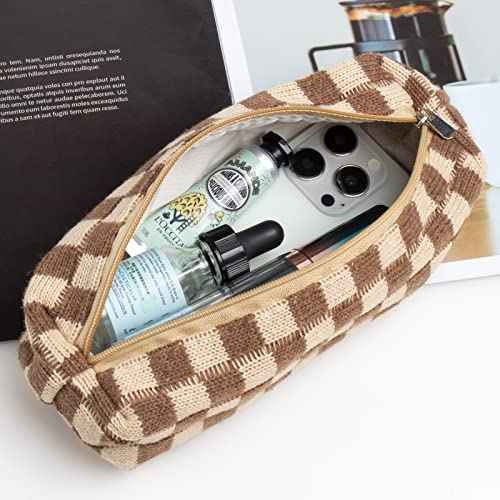 2 Pcs Small Makeup Bag, Checkered Cosmetic Bag and Makeup Brush Storage Bag Mini Makeup Pouch for Purse Cute Travel Cosmetic Bag Organizer Aesthetic Accessories Storage Bag Travel Essentials for Women
