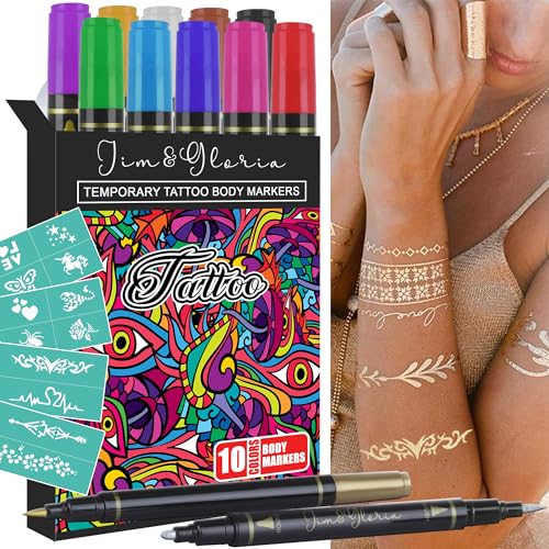 Jim&Gloria Body Art Tattoo Pen Dual Tip 10 Colors with GOLD SILVER Temporary Tattoo Markers Skin Pen Body Markers Skin Marker Face Paint Kids Teen Girl Gifts Trendy Stuff 8 9 10 11 12 13 14 Years Old