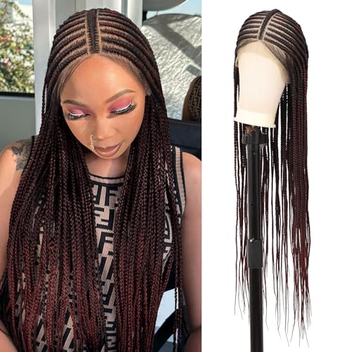 Youthfee 13x8 HD Lace Front Cornrow Braided Wigs for Women Braid Wig with Baby Hair Burgundy Middle Parted Box Braided Wig Premium Synthetic 36 Inch