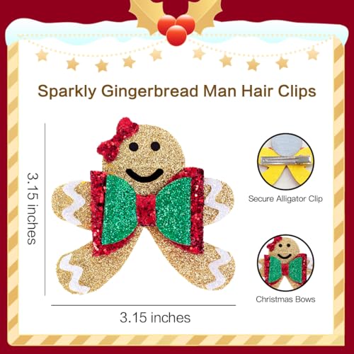 Glitter Christmas Hair Clips - 2PCS Sparkly Cute Gingerbread Man Hair Clips for Girls Non-slip Metal Alligator Hairpin Barrette Festive Hair Accessory for Christmas Party Kids Xmas Gifts