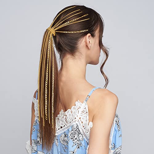 PAGOW 9Pcs Hair Clips Set - Multi-Strand Gold Head Chain, Tassel Ponytail Holders for Women and Girls, Nightclub Christmas Thanksgiving Party Accessory