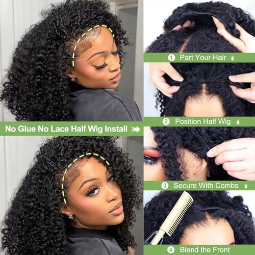 Kinky Curly Half Wig Human Hair 200 Density 3 In 1 Seamless Flip Over Half Wig 20 Inch Drawstring Headband Wig Human Hair Glueless Wear and Go Beginner Friendly Curly Human Hair Wigs for Women
