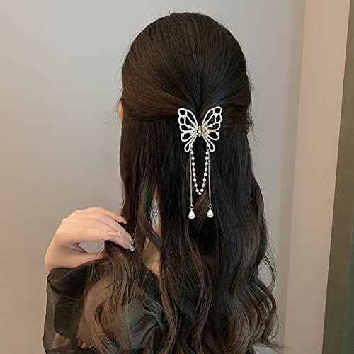2PCS Butterfly Hair Clips for Women Metal Nonslip Small Claw Clip Peal Tassel Sparkling Hairpins Fashion Styling Hair Accessories Gift