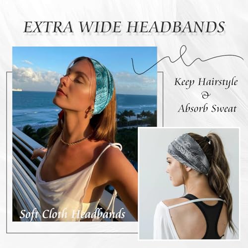 FULZTEY Boho Headbands for Women Fashion Wide Head Bands Floral Print Hairband Elastic Workout Yoga Sweatband Knot Cloth Turban Large African Bandana Headwraps Cute Hair Accessories Gift 4Pcs