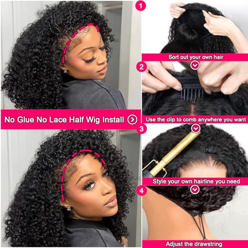 Kinky Curly Half Wig Human Hair 200 Density 3 In 1 Seamless Flip Over Half Wigs Human Hair Glueless Kinky Curly Wig Human Hair Drawstring Headband Wig for Women 20 Inch