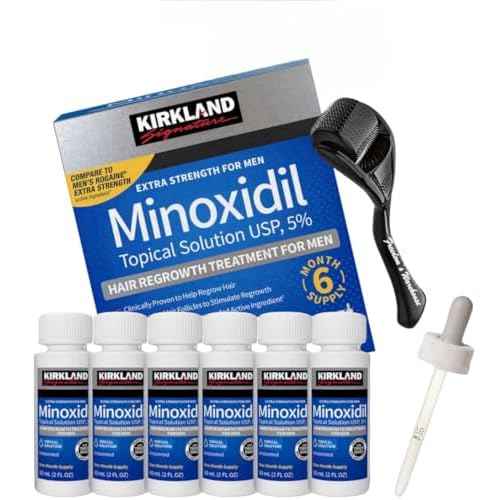 (6 Pack) Kirkland Minoxidil for Men Hair Regrowth Treatment, Liquid Extra Strength 5% Topical Solution, 6 Months Supply - Dropper Applicator and Microneedle Roller Included - Minoxidil Kirkland