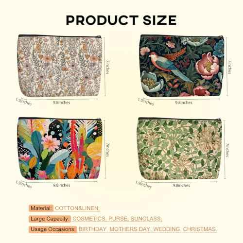 4 Pcs Cosmetic Bags for Women Makeup Bag, Thank You Gifts Christmas Birthday Friendship Gifts for Girls Friends Bestie Grandma Teacher Travel Toiletry Bag, Vintage Abstract Botanical Flower Bird