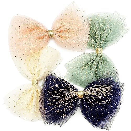 Big Tulle Hair Bows for Girls, 4 Pieces Cute Glitter Polka Dots Mesh Alligator Hair Clips Accessories 5.9" for Kids Teens (Multi-colored -1)