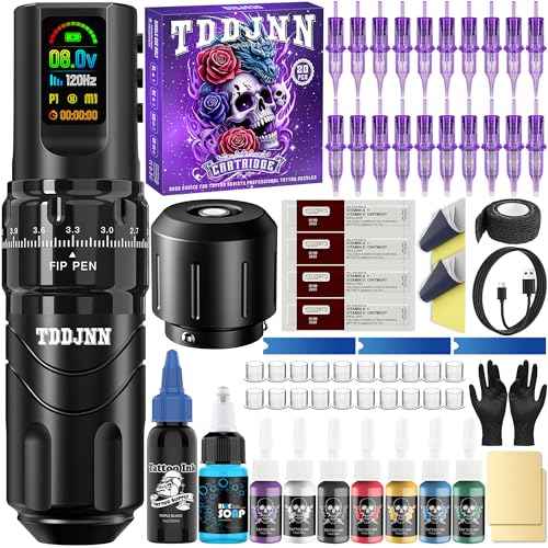 Wireless Tattoo Machine Kit for Beginners & Artists Portable Pro Rotary Cordless Tattoo Gun with 1800mAh Battery OLED Display Normal/Stippling Modes 20 Cartridge Needles & Complete Supplies (BLACK)