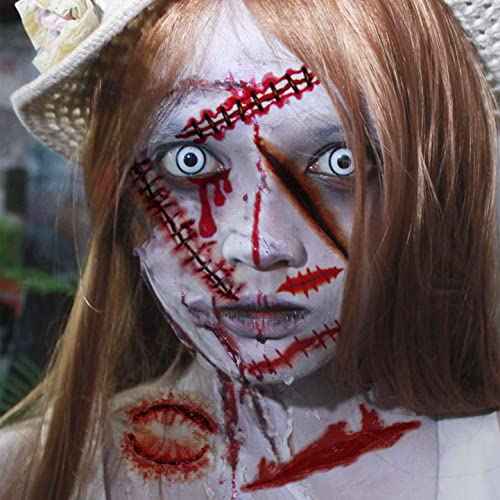 215+ PCS 30 Sheets 3D Fake Scars Tattoo Temporary Halloween Makeup Kit, Fake Stitches Tattoos Cut Scary Face Wound Blood Chucky Scars Tatoos For Kids Women Men Boys Girls Zombie Sticker