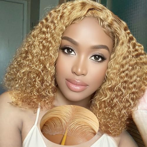 FABA Glueless Wigs Human Hair Pre Plucked Pre Cut Bob Blonde Curly Wig 7x5 Honey Blonde Deep Wave Wig Human Hair 180% Density Short Curly 12 Inch