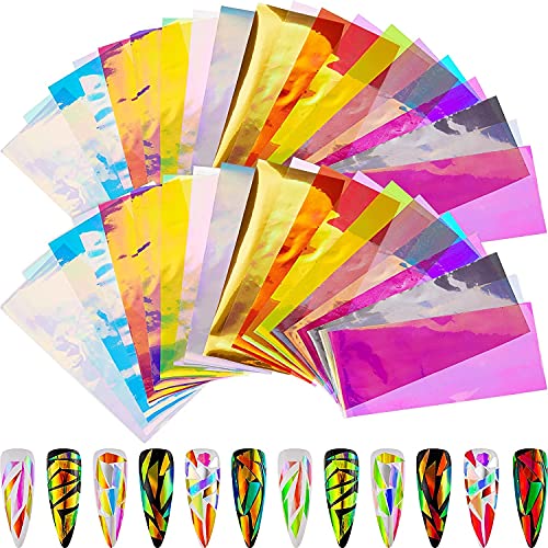 100 Pieces Iridescent Nail Art Glass Paper Cellophane Holographic DIY Mixed Colors Broken Glass Paper Reflective Mirror Foils Nail Art Stickers Dichroic Film Designs